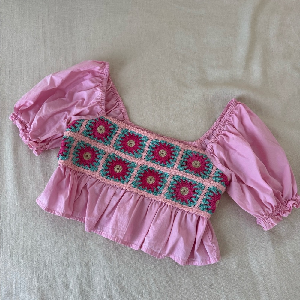 Pink Floral Crochet Women's Top